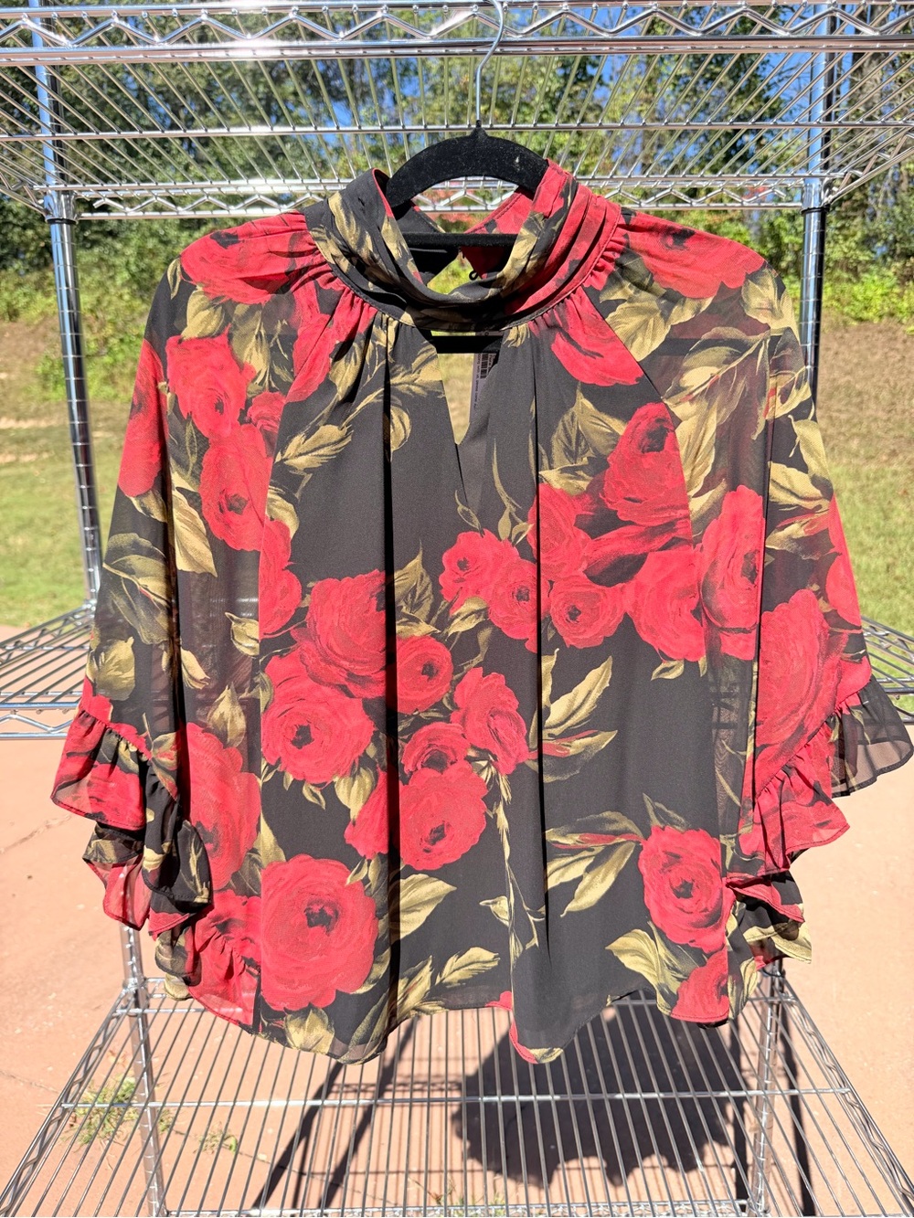 Vince Camuto Black Blouse with Red Floral Print and Olive Leaves